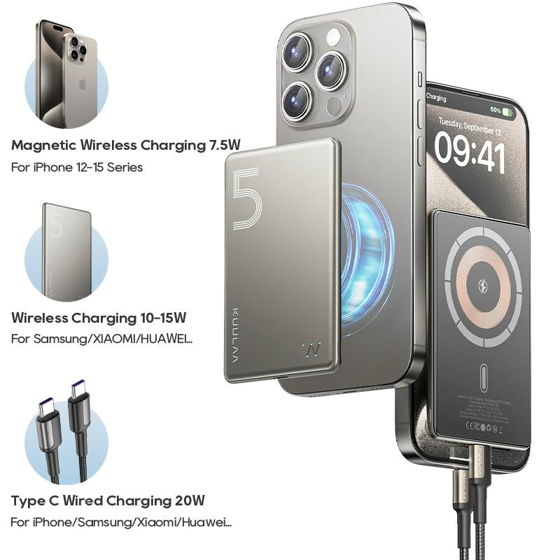 Kuulaa Magsafe Battery Pack 5000Mah Slim Magsafe Portable Charger 0.28In Magnetic Wireless Apple Portable Charger 20W USB-C Power Delivery Power Bank for Iphone 15/14/13/12 Serie