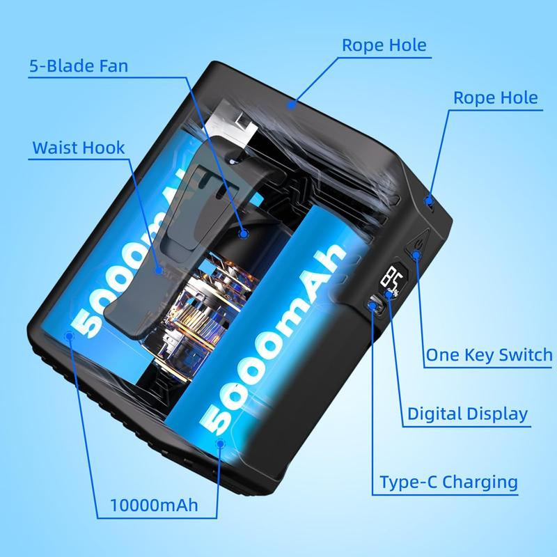 Portable Waist Fan Clip, 5-Speed Personal Cooling Fan,10000Mah Rechargeable up to 24H, Wearable on Belt & Neck with LED Light, Gifts for Men Women, Gadgets for Outdoor Travel Camping, Black