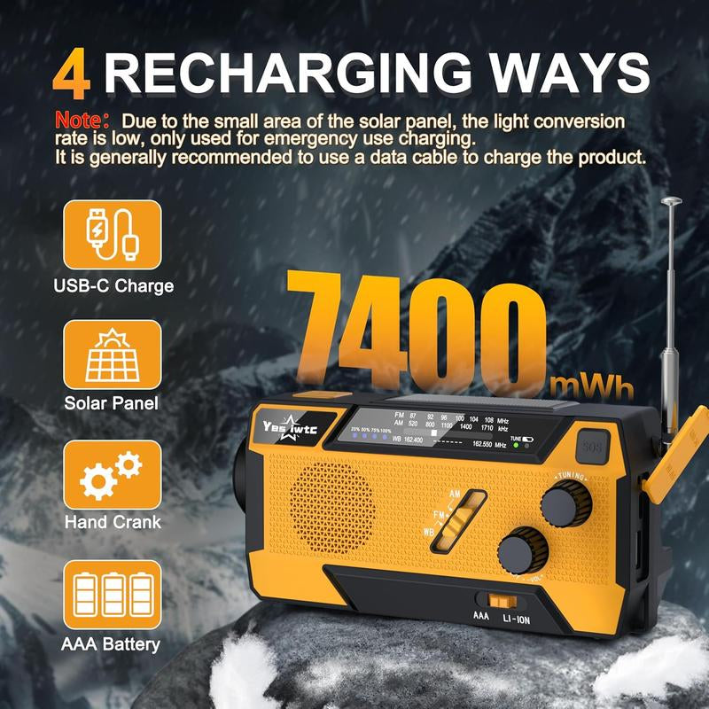 3 in 1 Charging Cable Hand Crank Emergency Radio,Noaa Weather Radio 7400Mwh,Portable Solar Power ,AM/FM for Winter Storm Hurricane Survival Gear Chargeable Orange so Alarm Crank Radio